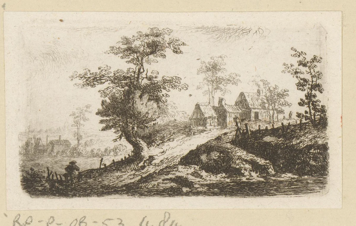 Landschap met boerderijen by Johann Andreas Benjamin Nothnagel, print, 1739-1804