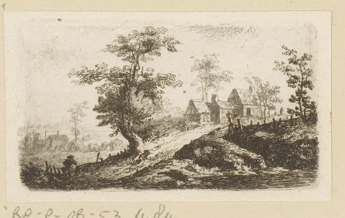 Landschap met boerderijen by Johann Andreas Benjamin Nothnagel, print, 1739-1804