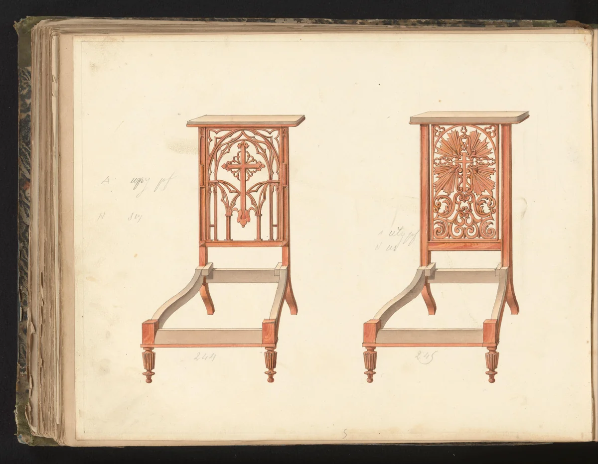 Twee ontwerpen voor prie-dieu’s by anonymous, drawing, 1825-1839