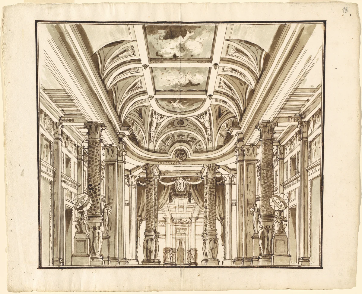 Fantasy of a Great Hall with Basketweave Columns by Pietro Gonzaga, drawing, 1800