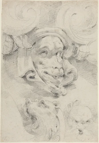 Ornamental Sketches with Grotesque Masks by Pierre Puget, drawing, 1620-1694