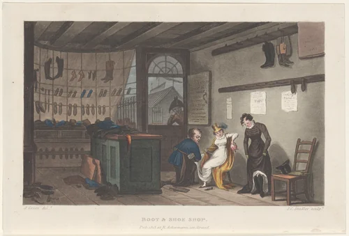 Boot & Shoe Shop by Thomas Rowlandson, print, 1813