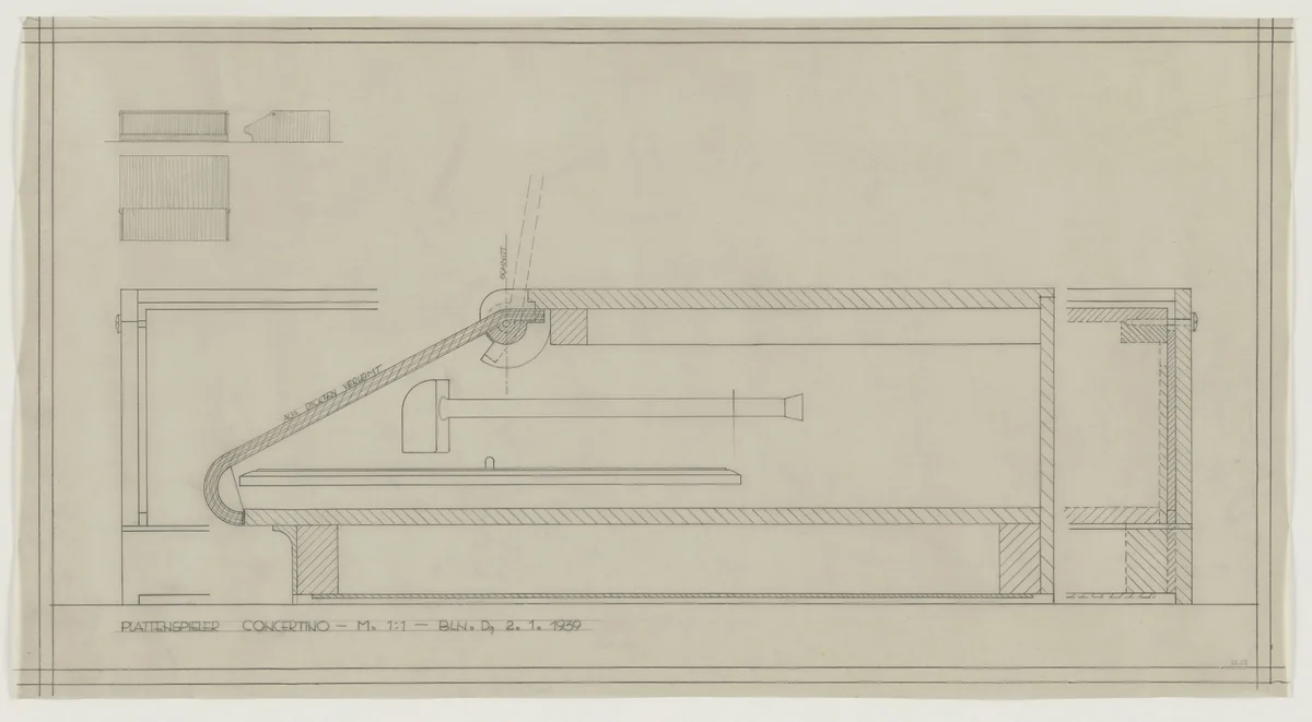 Design for Telefunken Record Player, Concertino record-player. Elevations, plan, and section by Lilly Reich, mies van der rohe archive, 1939
