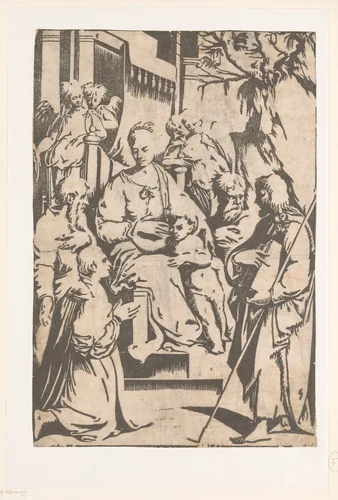 Maria met kind omringd door heiligen by Alessandro Gandini, print, 1507-1599
