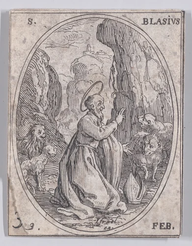 St. Blaise, February 3rd, from "Les Images De Tous Les Saincts et Saintes de L'Année" (Images of All of the Saints and Feast Days of the Year) by Jacques Callot, print, 1636
