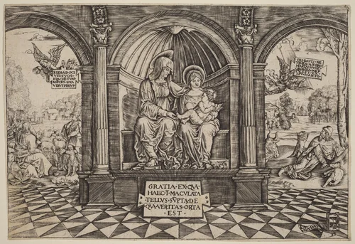 Virgin and Child Enthroned with Saint Anne by Master Na Dat, print, 1512-1513