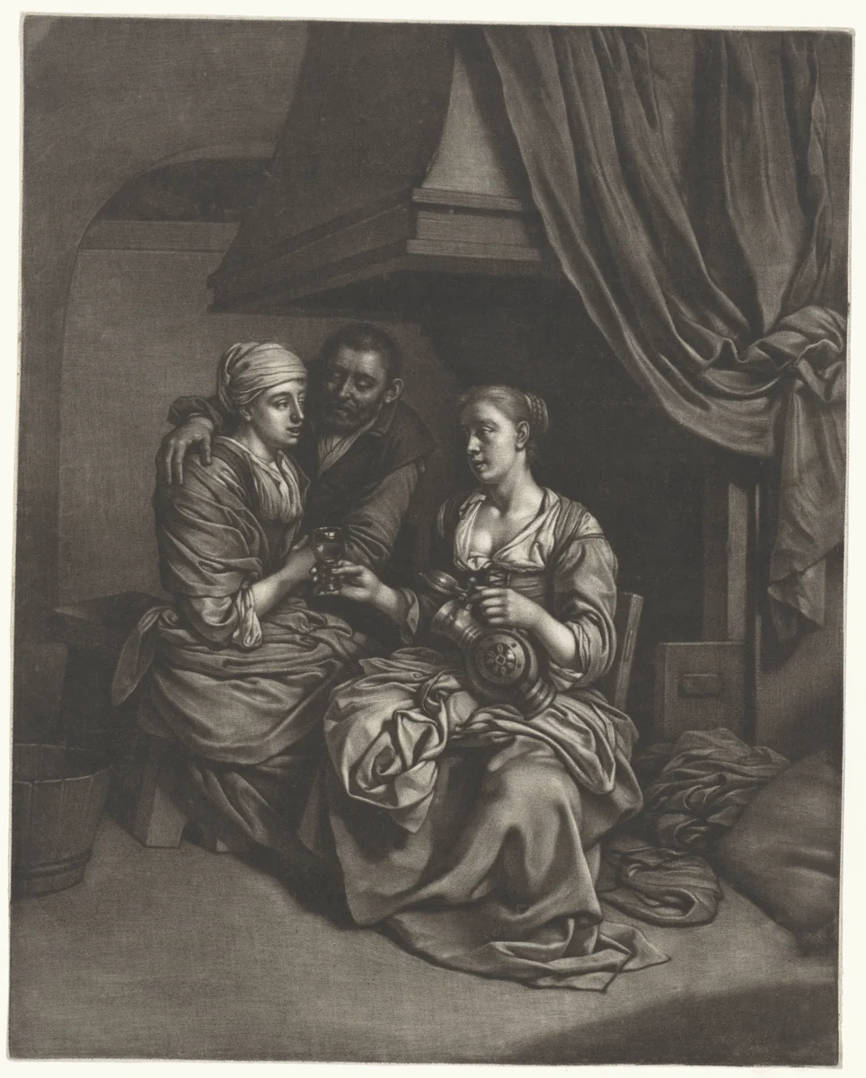 Vrouwen en een man bij de haard by Wallerant Vaillant, print, 1658-1677