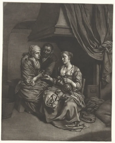 Vrouwen en een man bij de haard by Wallerant Vaillant, print, 1658-1677