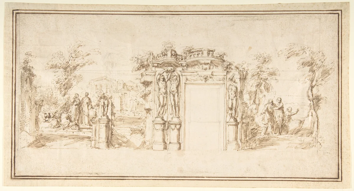 Design for a Painted Wall Decoration, with Figures in a Landscape with Classical Ruins by anonymous, drawing, 1700-1800