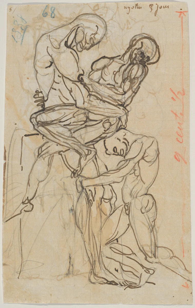 Ugolino and his Sons: Fifth Day (recto); Dante and Virgil: Anatomical Studies (verso) by Auguste Rodin, drawing, 1870-1880