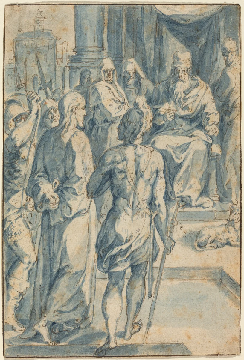 Christ before Caiaphas by Crispin van den Broeck, drawing, 1524-1591