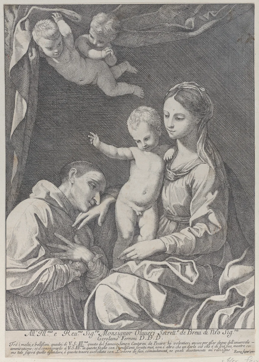 The Virgin and Child adored by Saint Carlo Borromeo, who kisses her hand by Hieronymus Ferroni, print, 1705