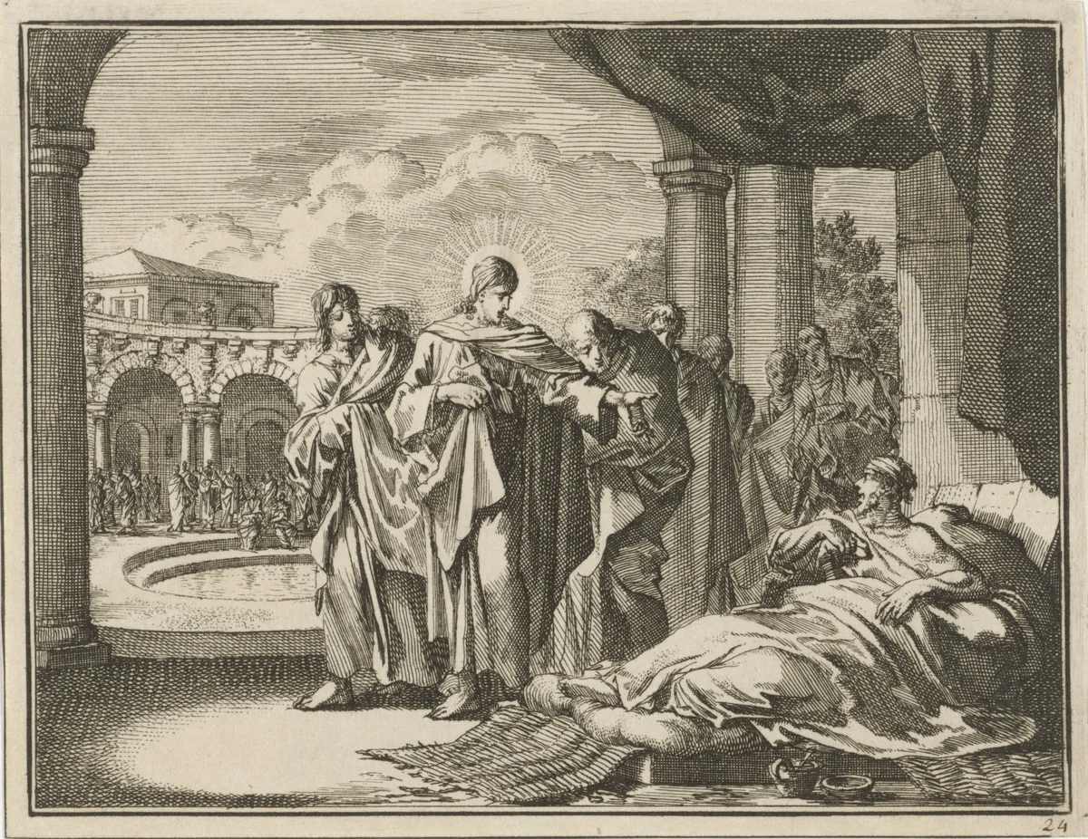 Christus geneest de zieke van Bethesda by Jan Luyken, print, 1712