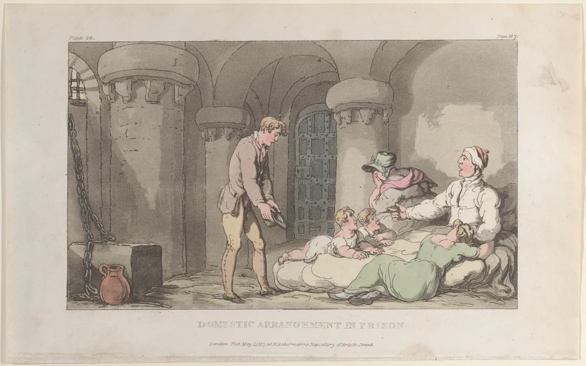 Domestic Arrangements in Prison by Thomas Rowlandson, print, 1817