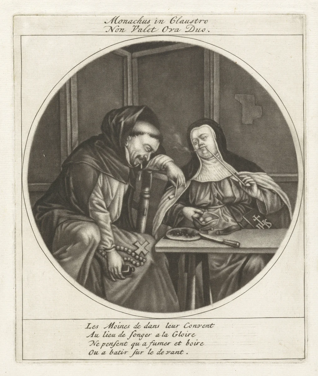 Dronken monnik en rokende non by Cornelis Dusart, print, 1670-1704