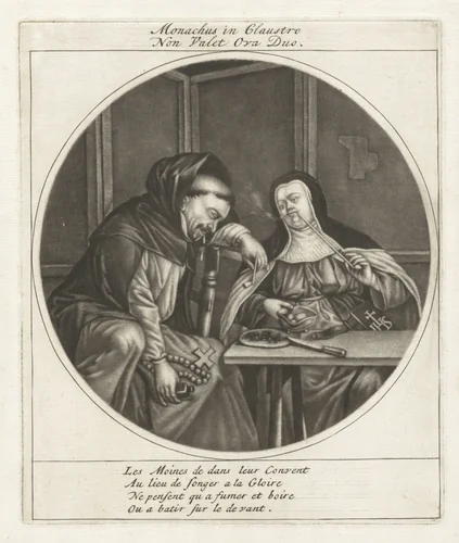 Dronken monnik en rokende non by Cornelis Dusart, print, 1670-1704