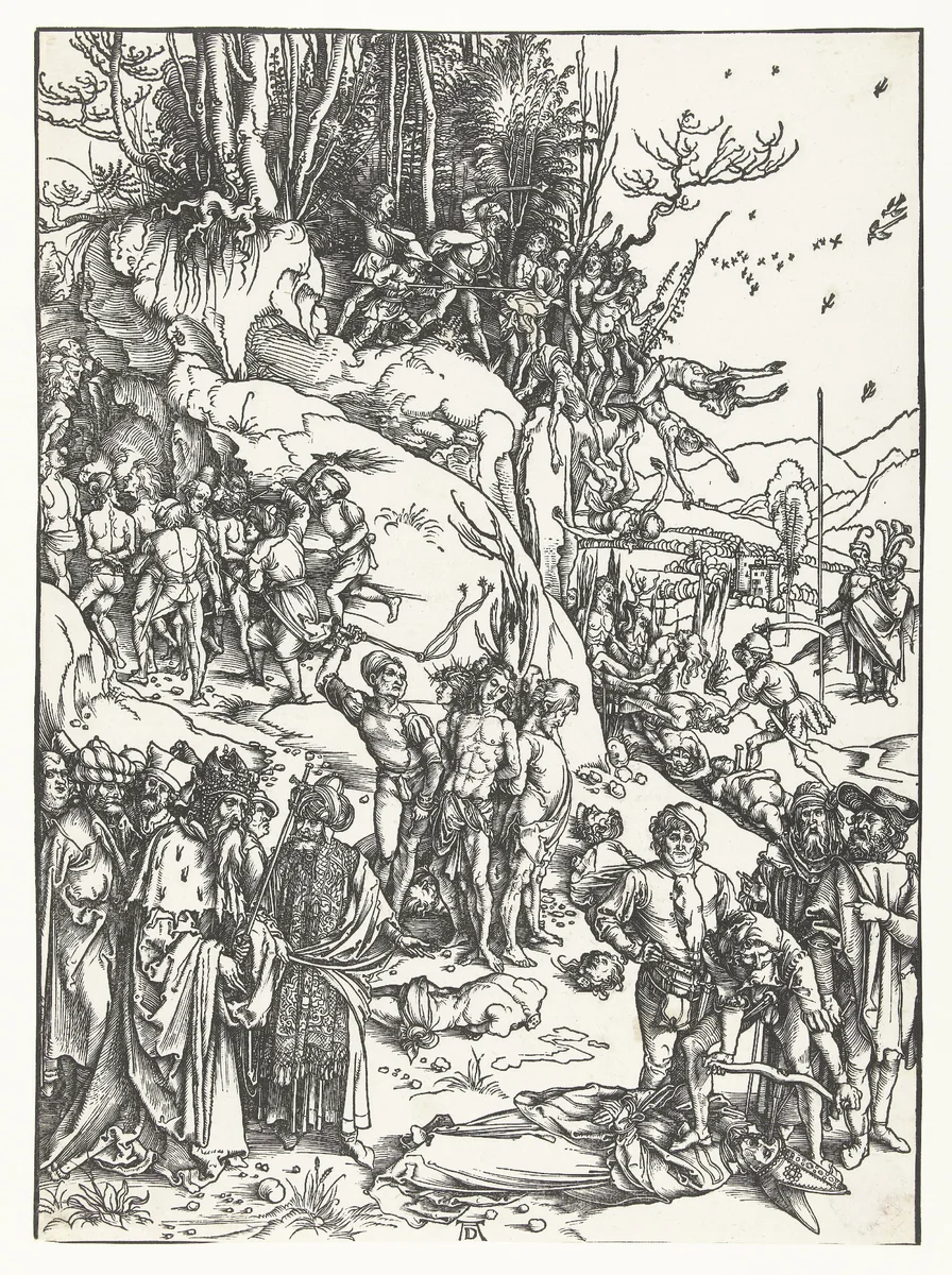 Het martelaarschap van de Tienduizend by Unknown, print, 1494-1498
