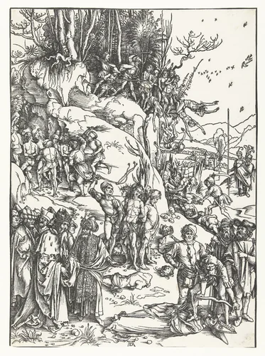 Het martelaarschap van de Tienduizend by Unknown, print, 1494-1498
