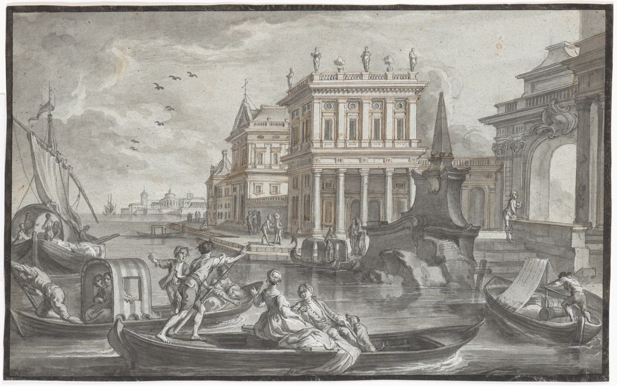 Canal Scene with a Palazzo by Johann Wolfgang Baumgartner, drawing, 1732-1761