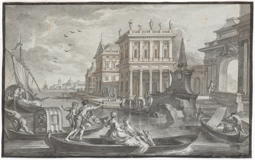 Canal Scene with a Palazzo by Johann Wolfgang Baumgartner, drawing, 1732-1761