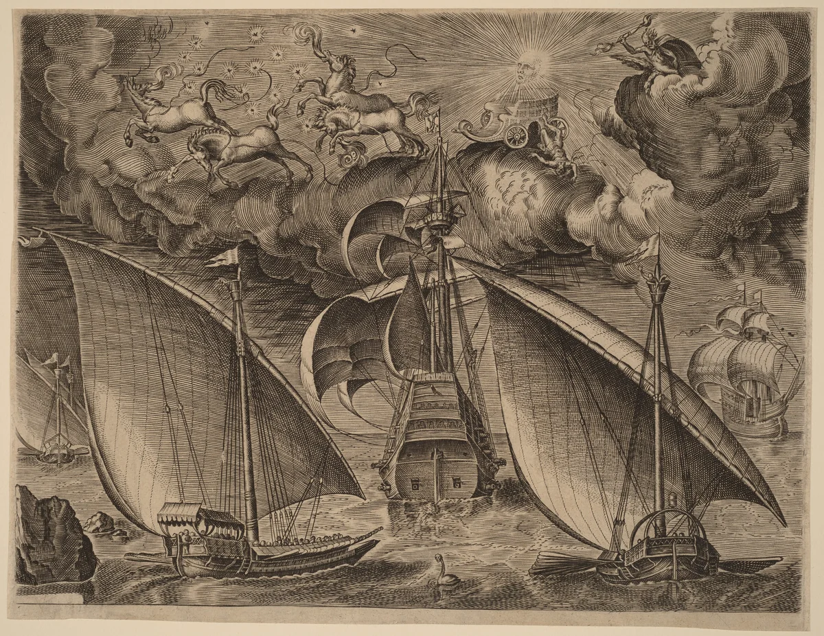 Two Galleys behind an Armed Three-Master with Phaethon and Jupiter in the Sky by Cornelis Cort, print, 1565