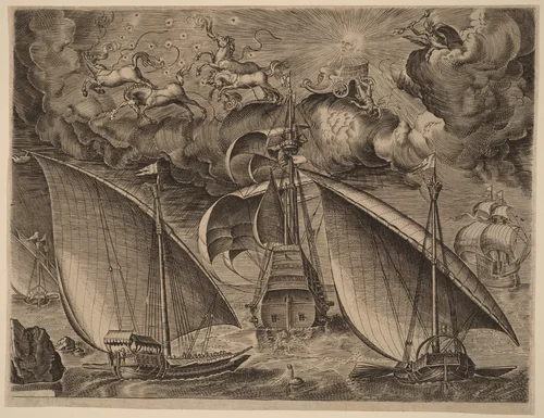 Two Galleys behind an Armed Three-Master with Phaethon and Jupiter in the Sky by Cornelis Cort, print, 1565