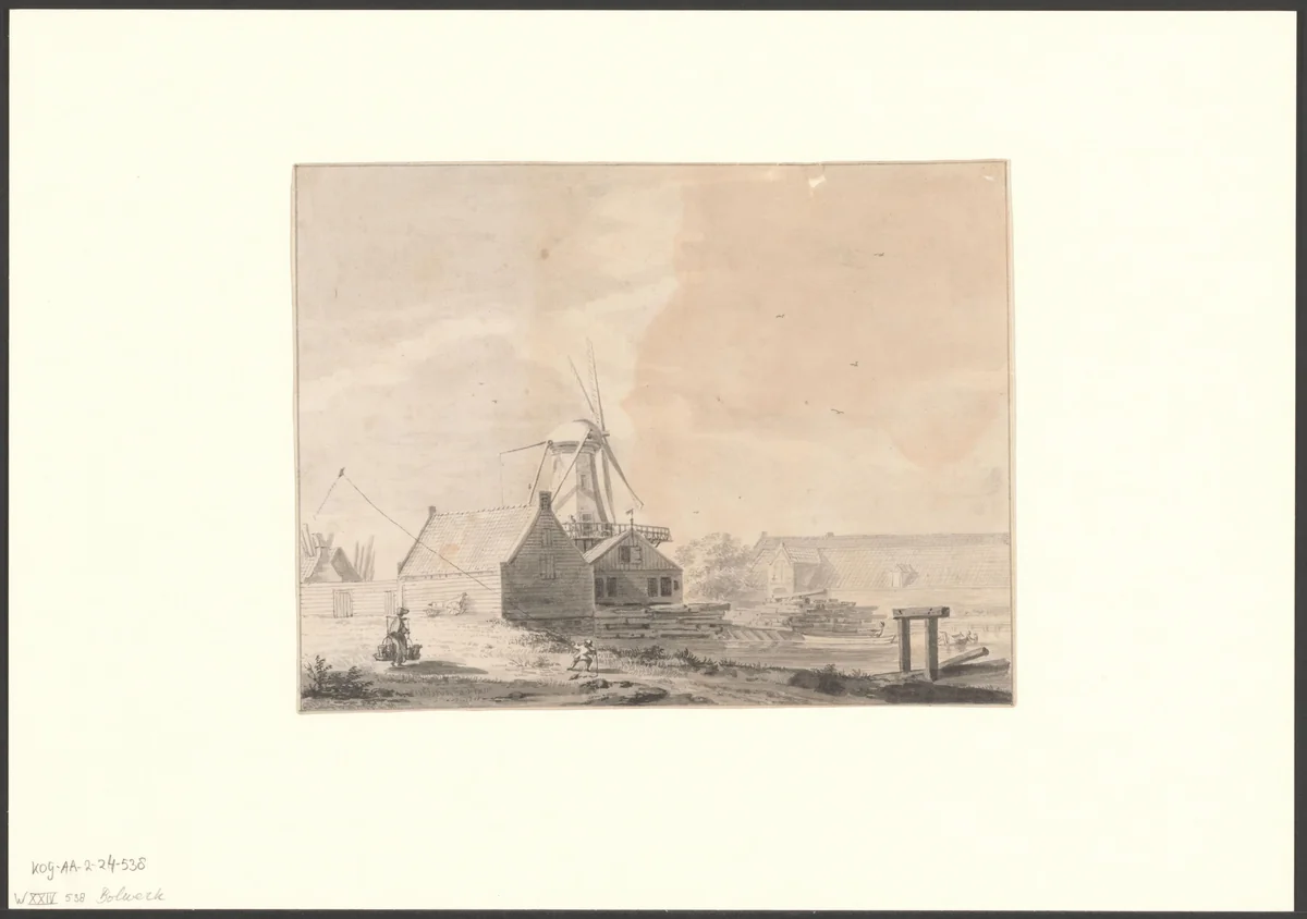 Gezicht op het Funen en bolwerk Zeeburg met molen De Zon by anonymous, drawing, 1700-1799