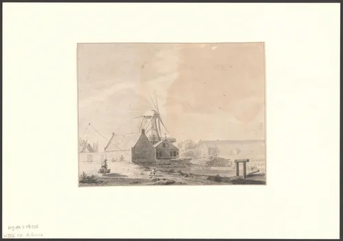 Gezicht op het Funen en bolwerk Zeeburg met molen De Zon by anonymous, drawing, 1700-1799