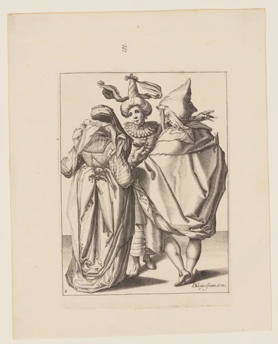A Couple Addressing a Gesticulating Young Man, from The Masquerades by Jacques de Gheyn II, print, 1595-1596