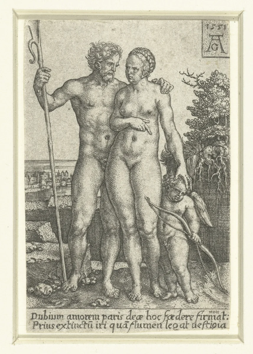 Paris, Oenone en Cupido by Unknown, print, 1551