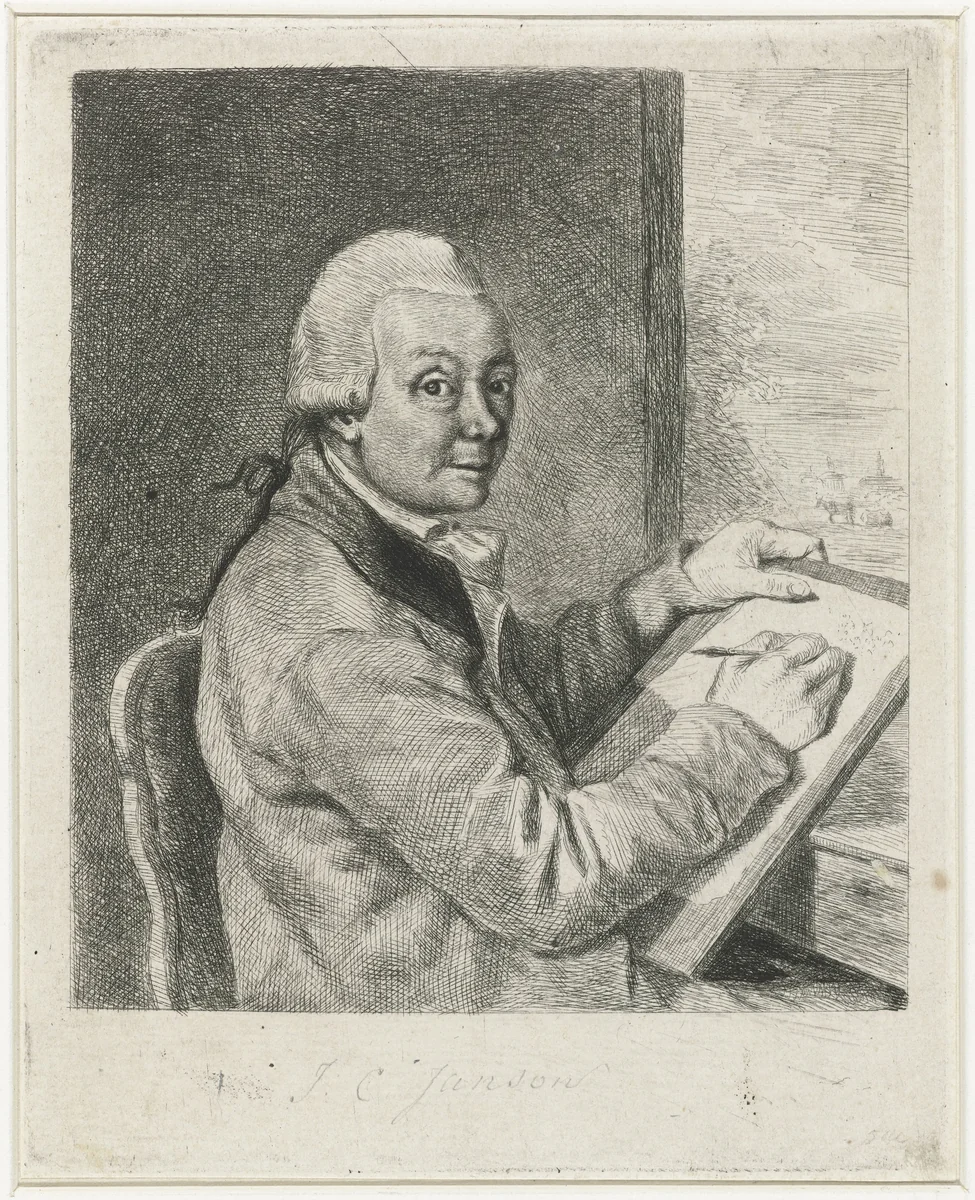 Portret van de kunstenaar Johannes Janson, tekenend by Louis Bernard Coclers, print, 1769-1787
