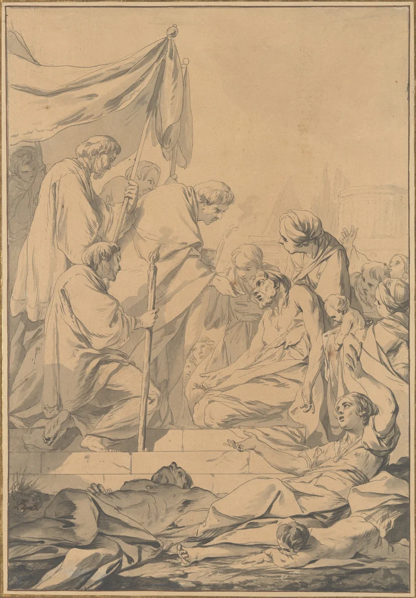 St. Charles Borromeo Distributing Communion to the Victims of the Plague in Milan by Jean-Baptiste-Marie Pierre, drawing, 1755-1765