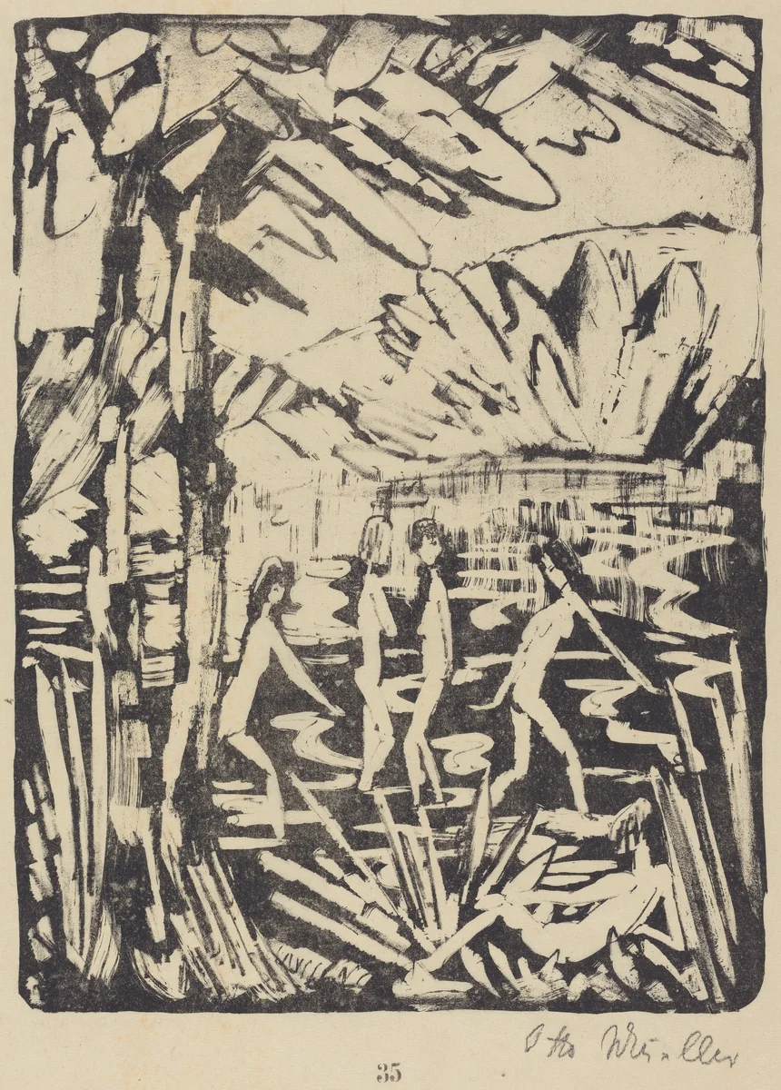 Five Girls at a Forest Pond (Funf Madchen am Waldteich) by Otto Mueller, print, 1919