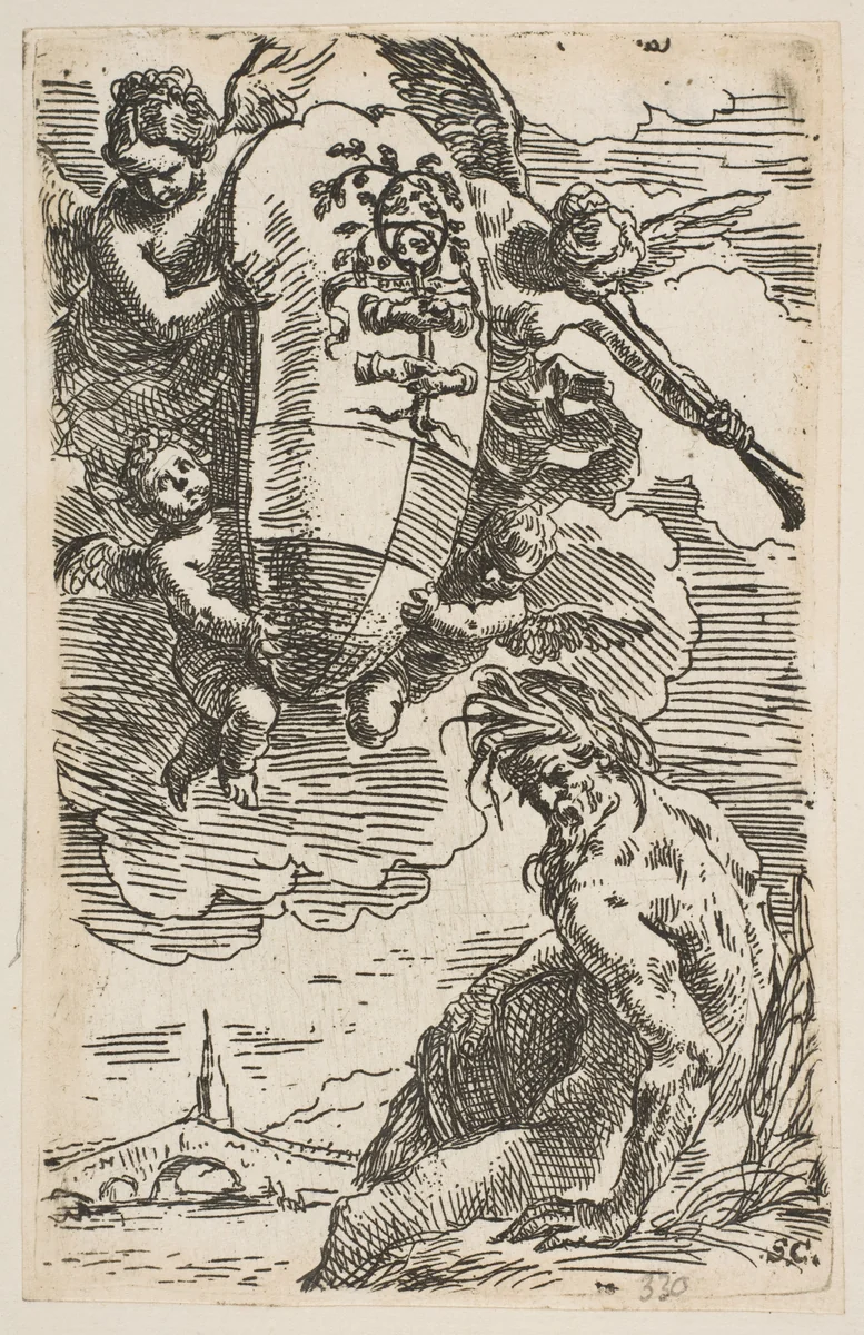 Allegory of the Foglia River with the city of Pesaro's coat of arms, frontispiece for "Il Pesarese" by Simone Cantarini, print, 1634-1644