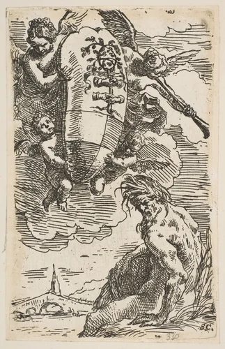 Allegory of the Foglia River with the city of Pesaro's coat of arms, frontispiece for "Il Pesarese" by Simone Cantarini, print, 1634-1644