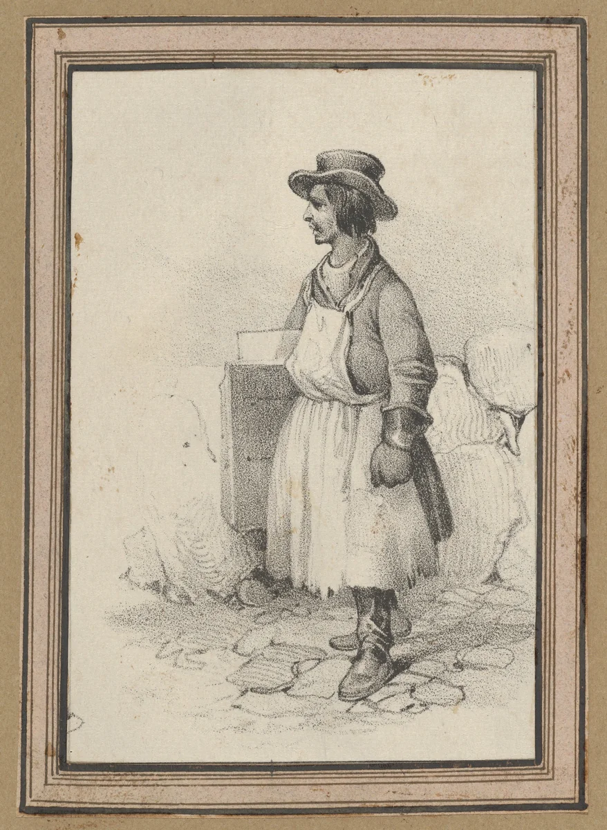 Man wearing an apron and a hat by Victor Adam, print, 1820-1866