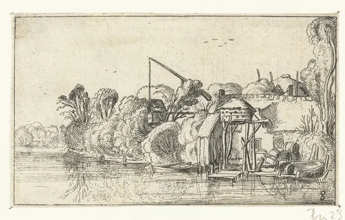 Brouwerij aan de oever van een rivier by anonymous, print, 1614-1617