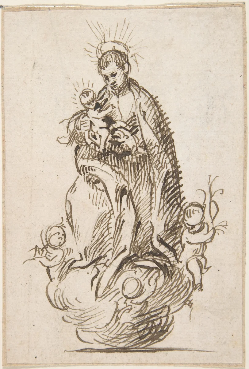 Male Saint (Stanisław Kostka?) standing on clouds supported by putti, holding infant Christ by Pedro Duque Cornejo, drawing, 1726-1736