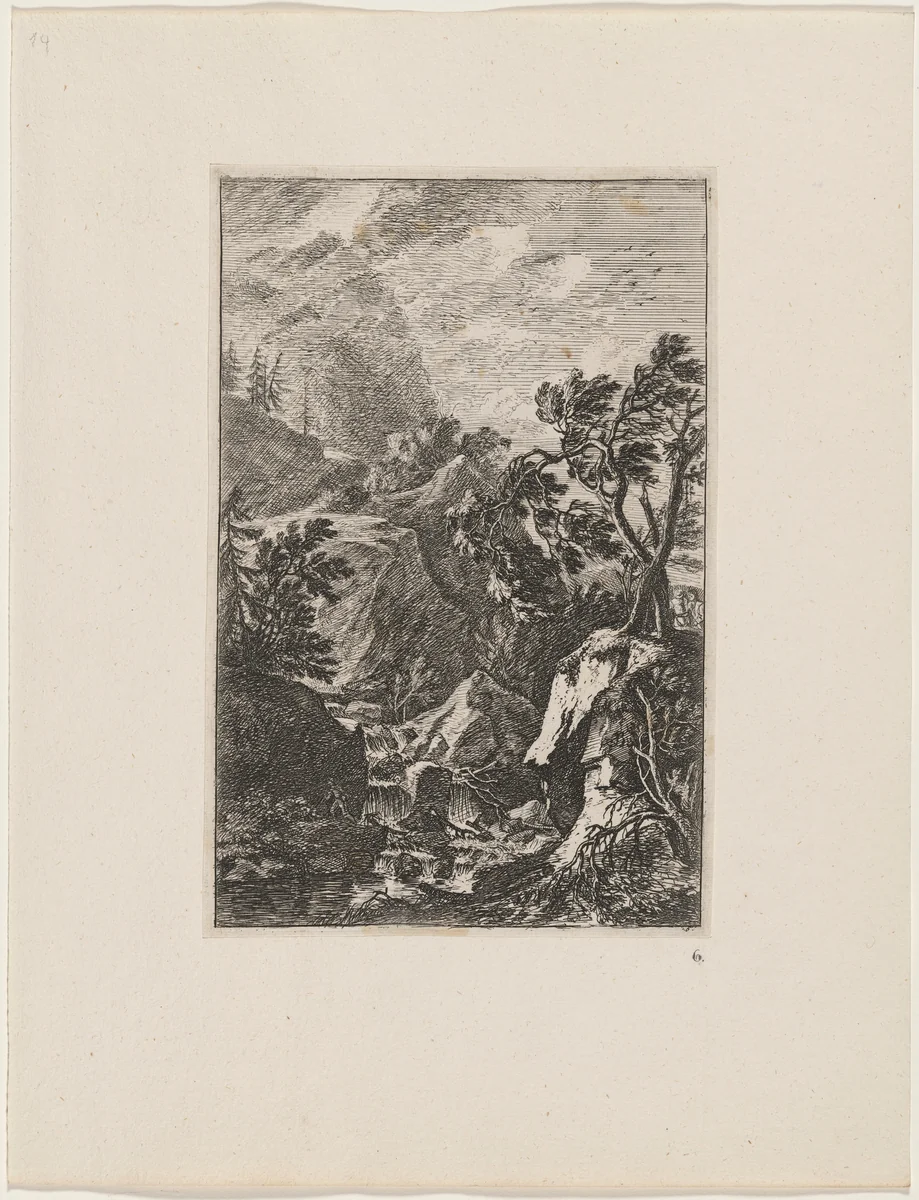 Two Men beside Two Trees by Joachim Franz Beich, print, 1700-1725