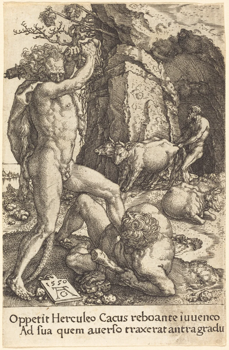 Hercules Killing Cacus by Heinrich Aldegrever, print, 1550