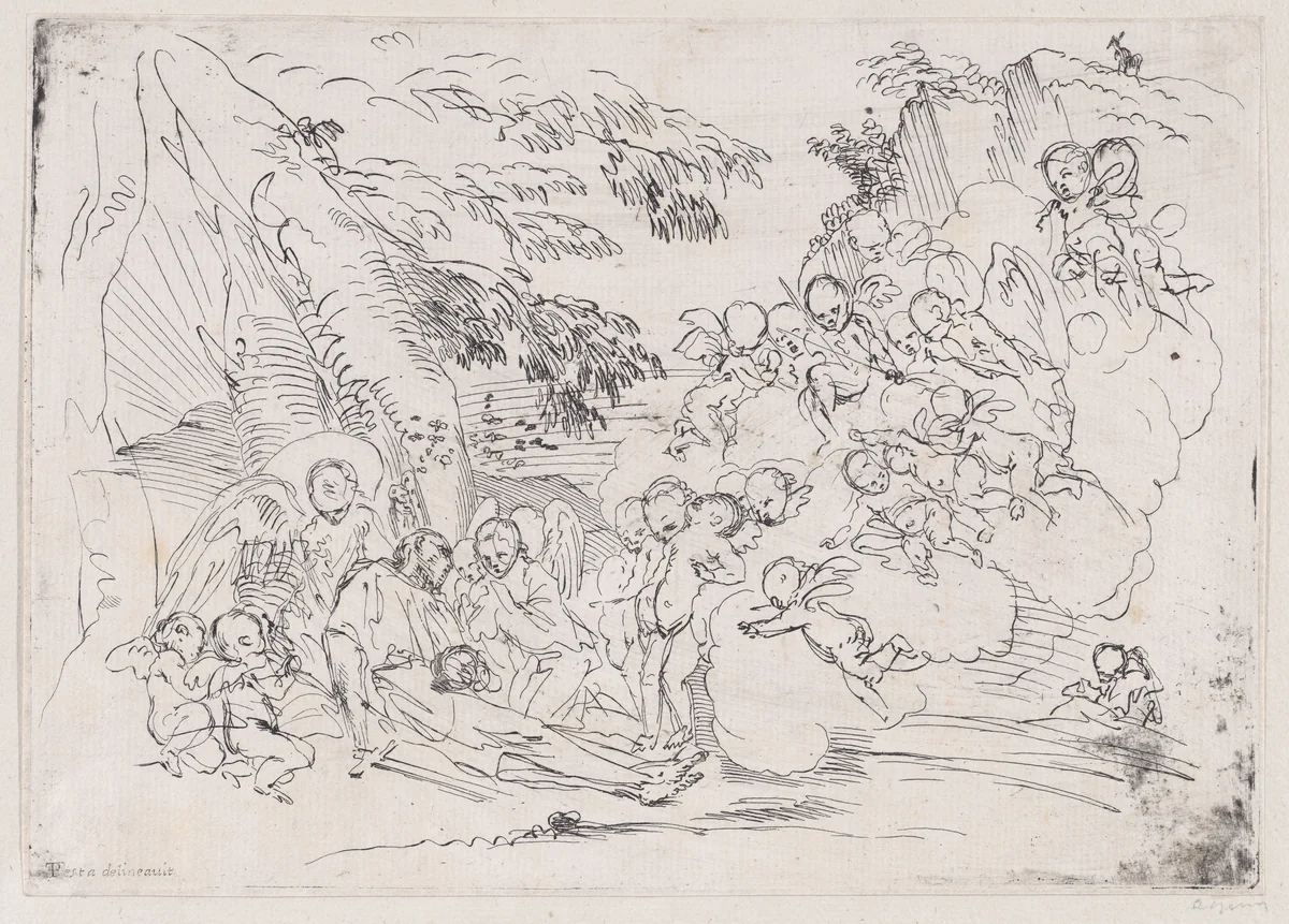 The death of Saint Pellegrino surrounded by many putti by anonymous, print, 1700-1800