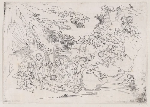 The death of Saint Pellegrino surrounded by many putti by anonymous, print, 1700-1800