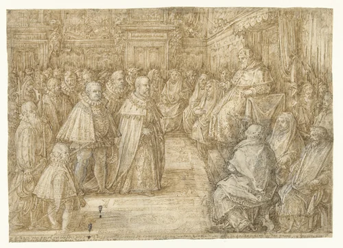 Cosimo I Medici treedt het College van Kardinalen te Rome binnen by Jan van der Straet, drawing, 1570-1583