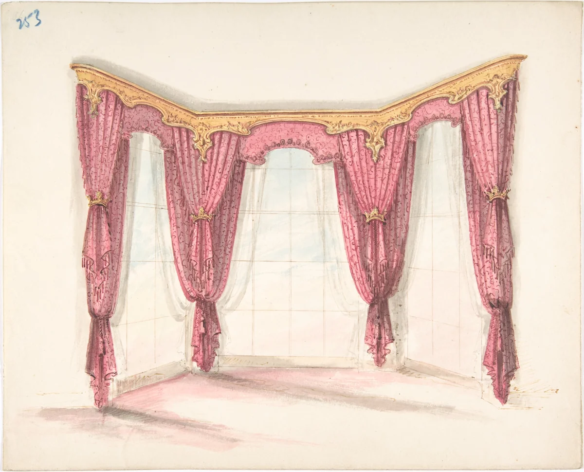Design for Red Curtains with a Gold Pelmet by anonymous, drawing, 1800-1850