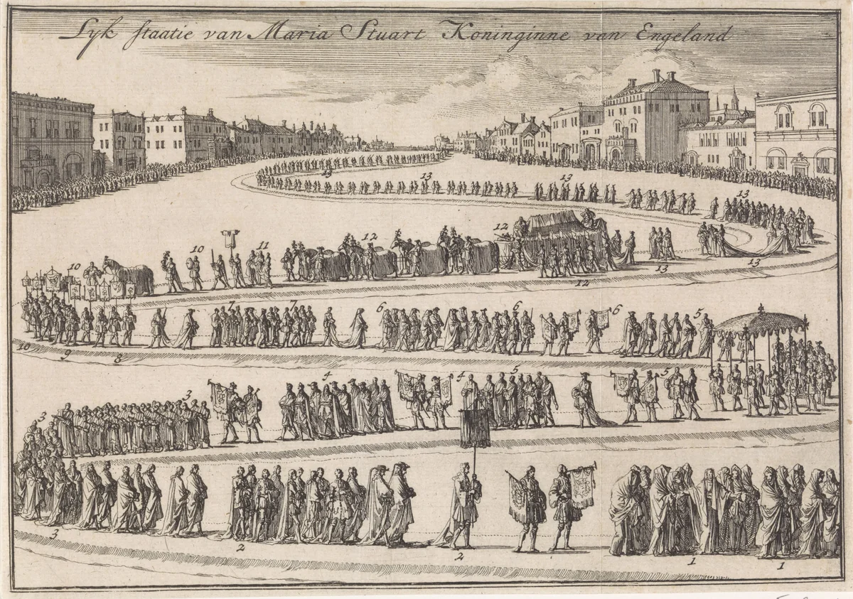 Lijkstatie van koningin Maria II Stuart, 1695 by Jan Luyken, print, 1703