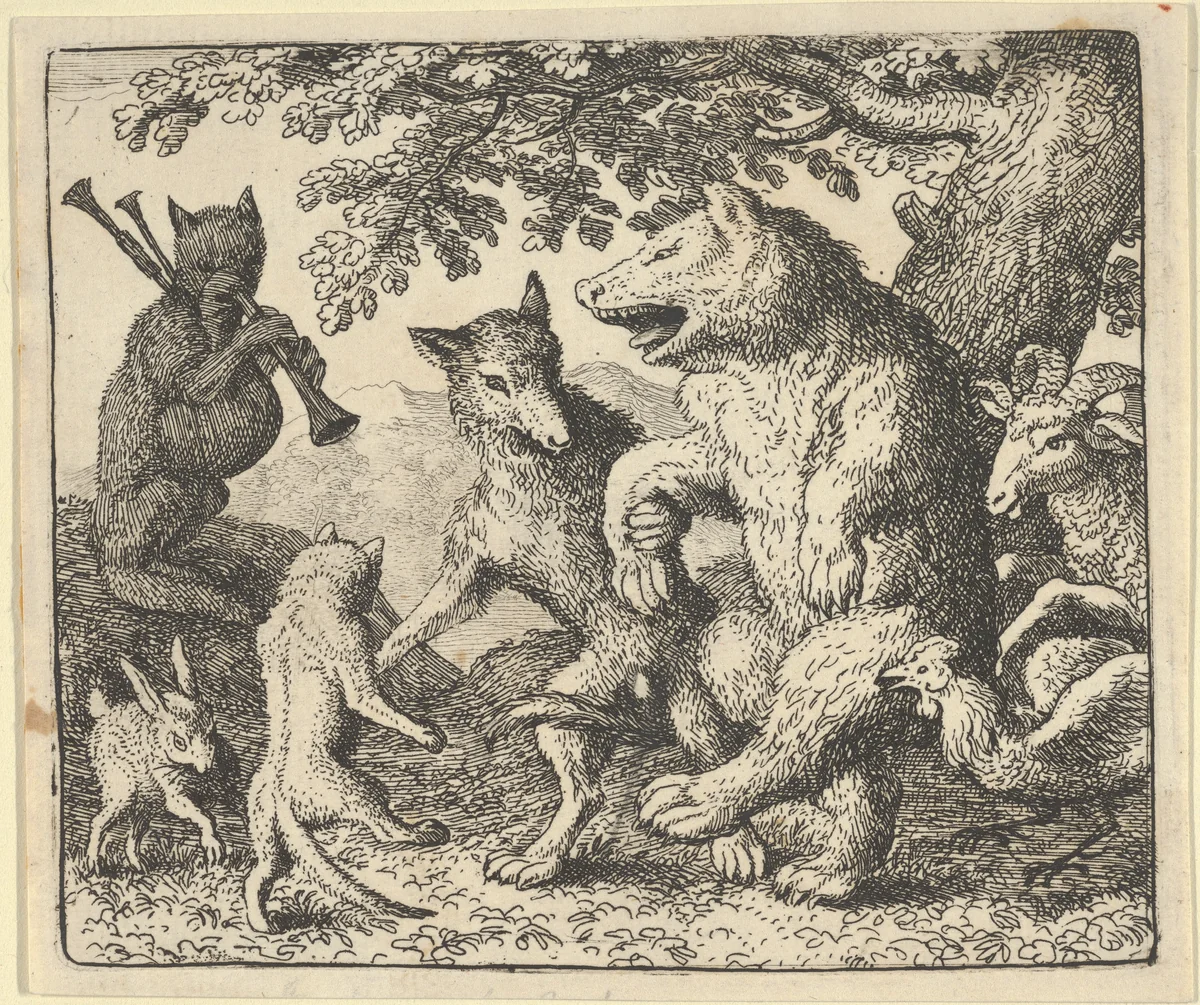 A Party in Honor of the Bear and the Wolf from Hendrick van Alcmar's Renard The Fox by Allart van Everdingen, print, 1650-1675