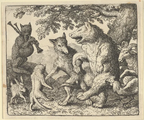 A Party in Honor of the Bear and the Wolf from Hendrick van Alcmar's Renard The Fox by Allart van Everdingen, print, 1650-1675