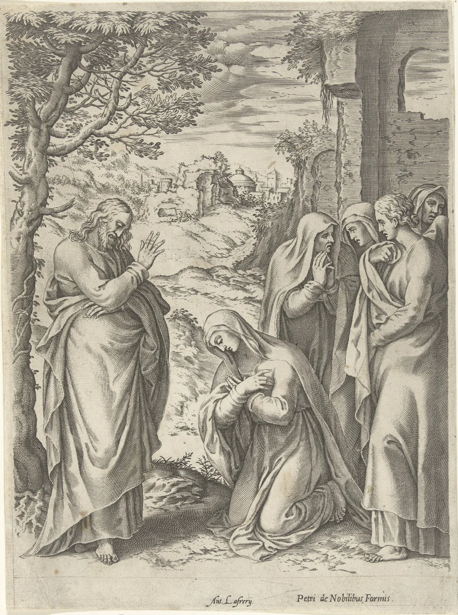 Christus verschijnt aan de heilige vrouwen by Cornelis Cort, print, 1584-1585