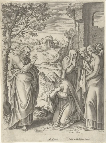 Christus verschijnt aan de heilige vrouwen by Cornelis Cort, print, 1584-1585