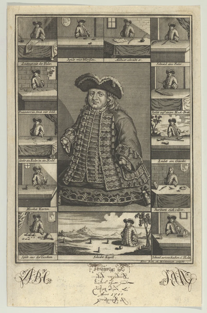 Portrait of Matthias Buchinger Surrounded by Thirteen Vignettes by Elias Baeck, print, 1710